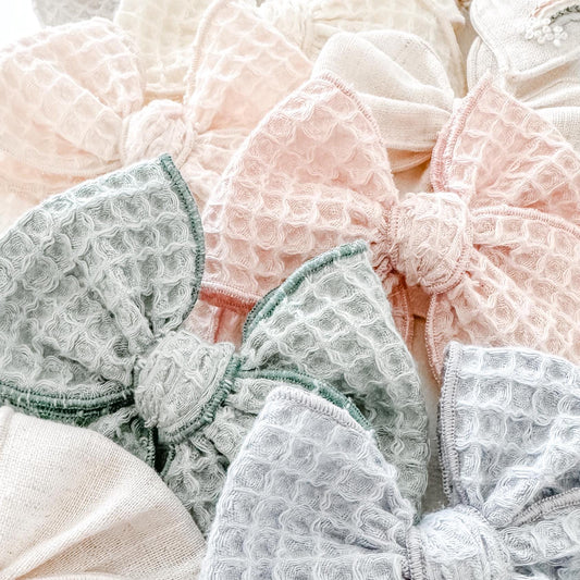 Colorful waffle knit fable bows - spring solids - neutral bows - fable bow - trendy bow - girl bow - baby bow - knit hair bow - dog bow