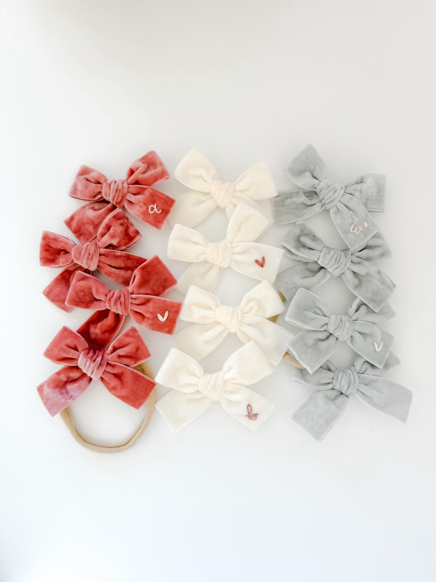Velvet ribbon bows - embroidered heart bow - embroidered bow - initial emroidery - fable bow - trendy bow - girl bow - baby bow - dog bow