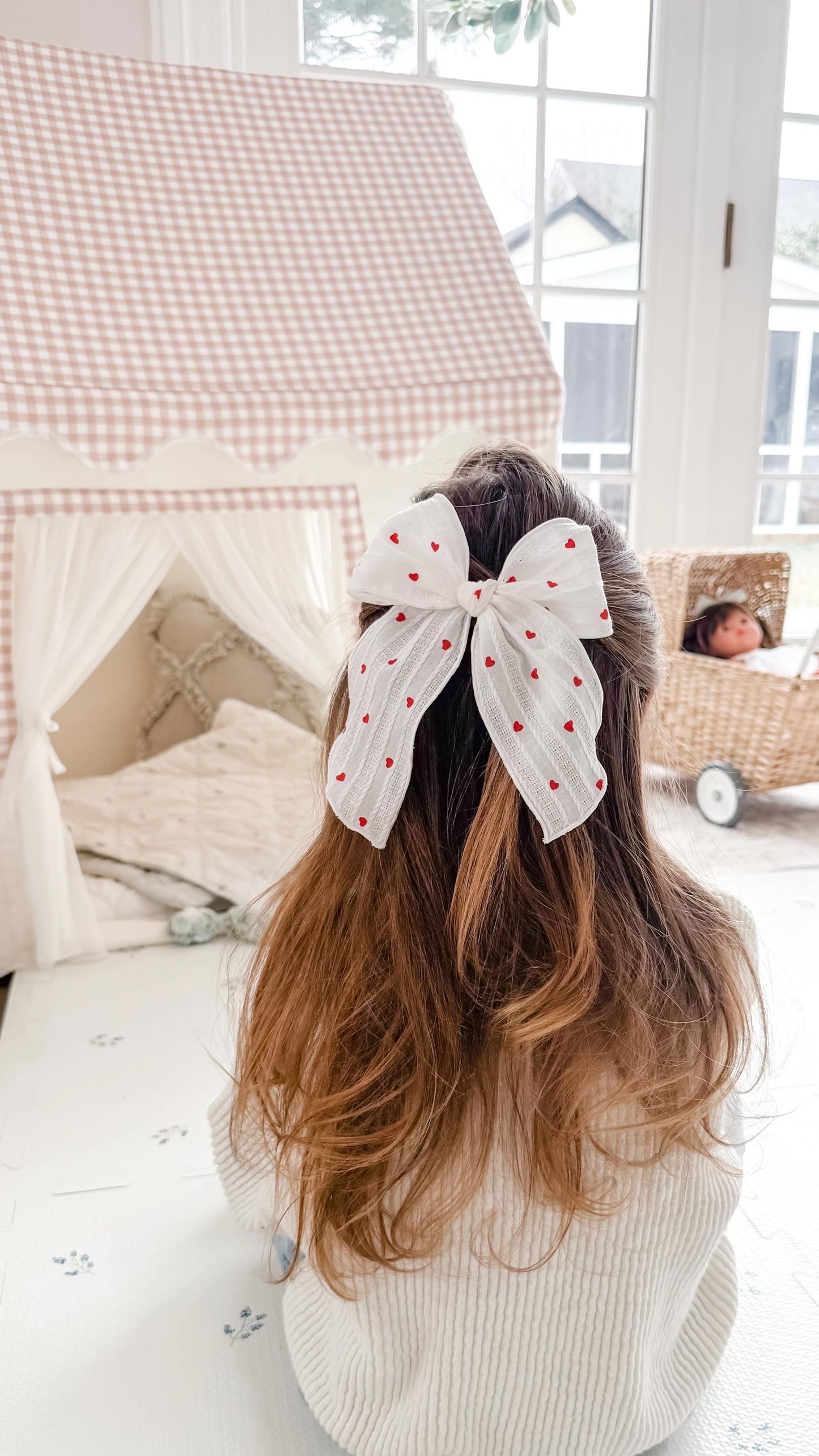 White textured and pink plaid heart fable bow - red heart bow - white and red bow -  trendy bows - dainty bows - baby bows - newborn bows