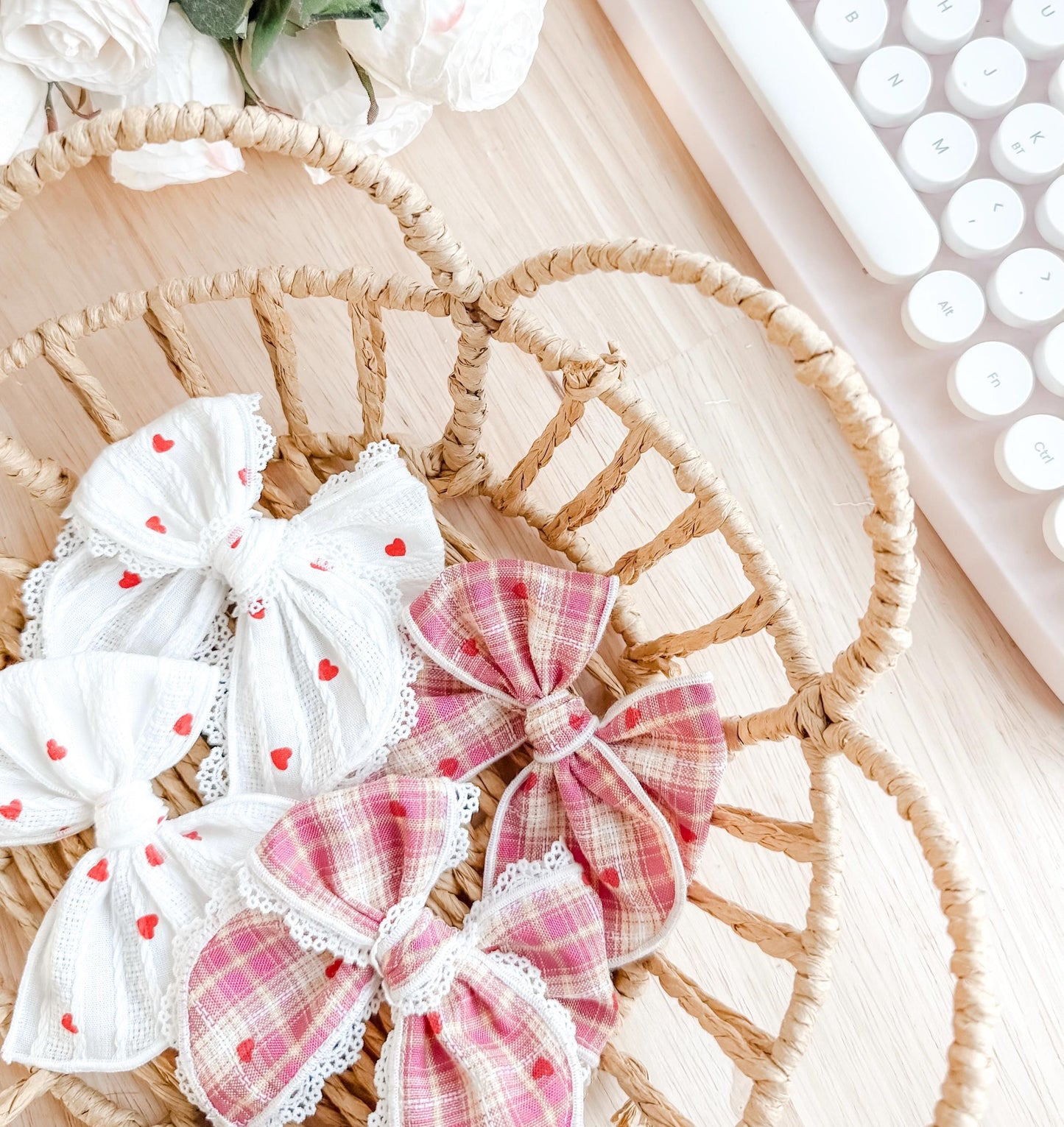 White textured and pink plaid heart fable bow - red heart bow - white and red bow -  trendy bows - dainty bows - baby bows - newborn bows