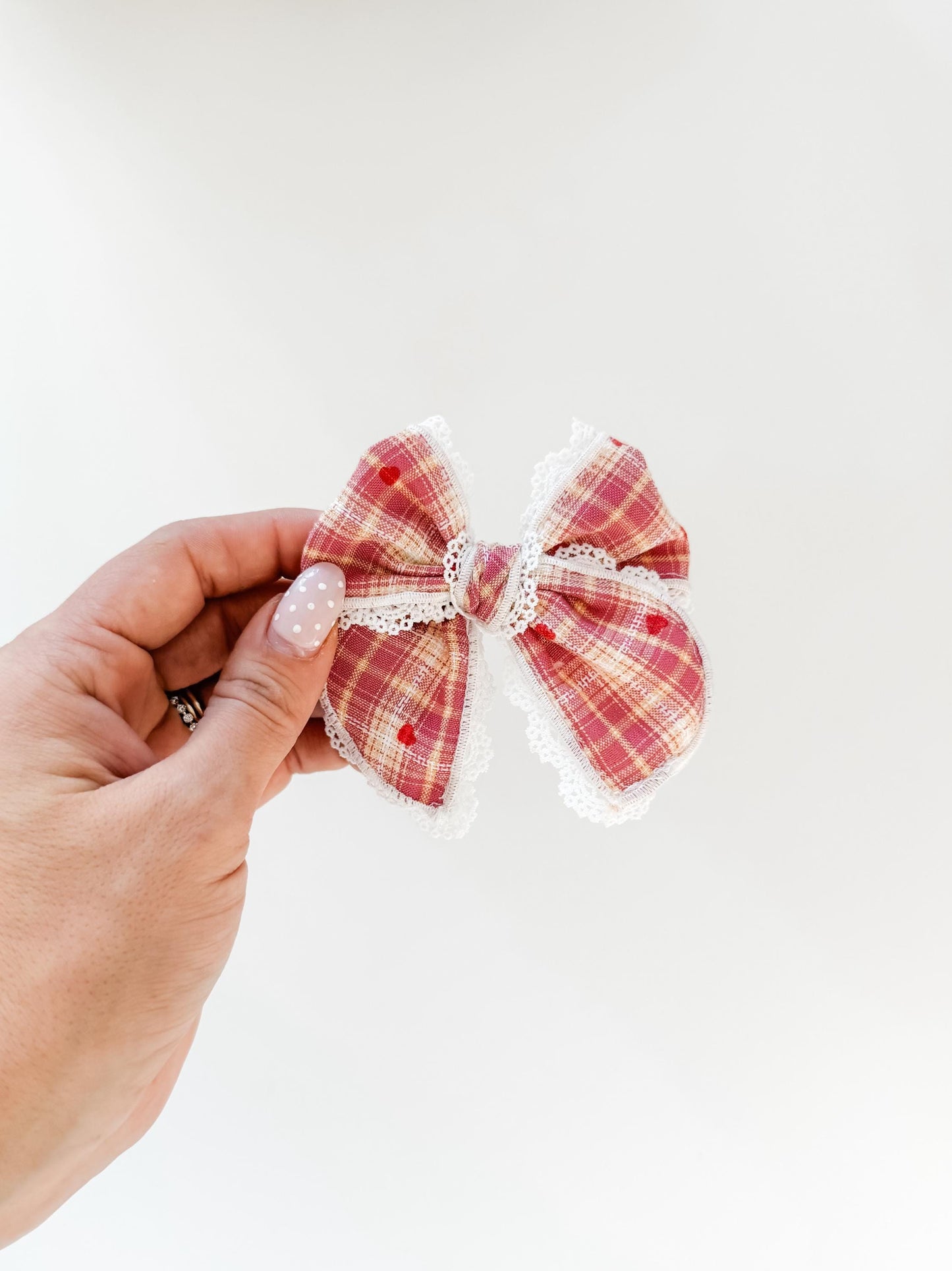 White textured and pink plaid heart fable bow - red heart bow - white and red bow -  trendy bows - dainty bows - baby bows - newborn bows