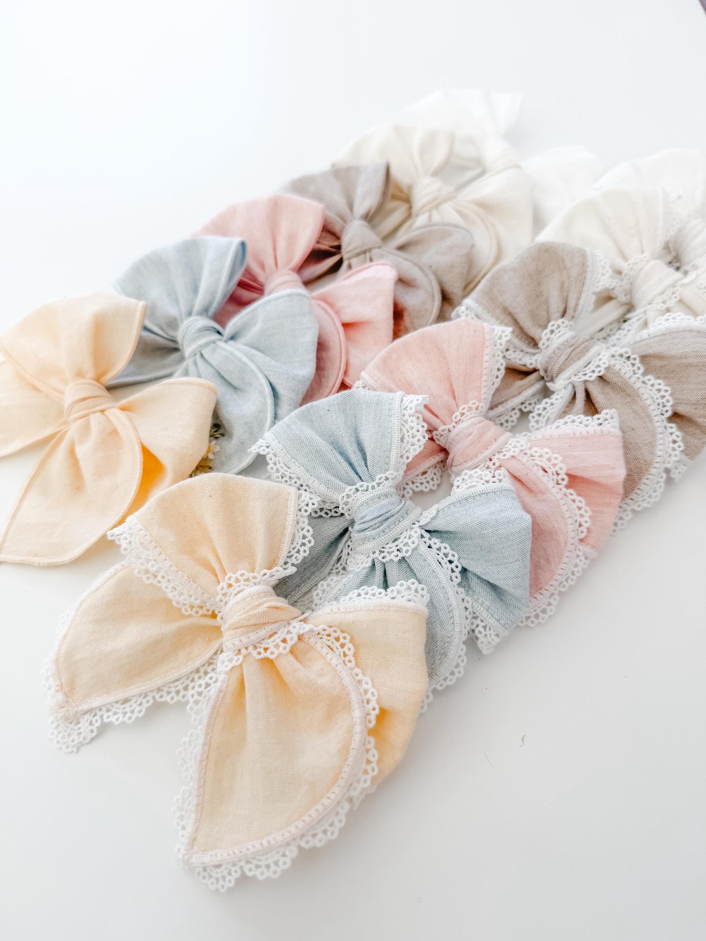 Pastel solid fable bows (*NO EMBROIDERY) - lace trim bows - spring solids - pastel bows - fable bow - trendy bow - girl bow - baby bow