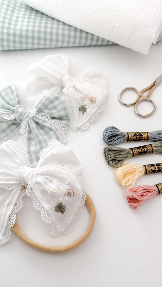 St. Paddy’s day hand-embroidered fable bow - textured cotton fable bow - clover bow - rainbow bow - trendy vintage bow
