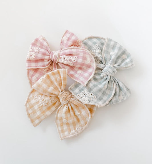 Spring gingham floral bow - colorful bow - spring bow - gingham bow - newborn bow - dog bow - baby girl gift - girl fable bow