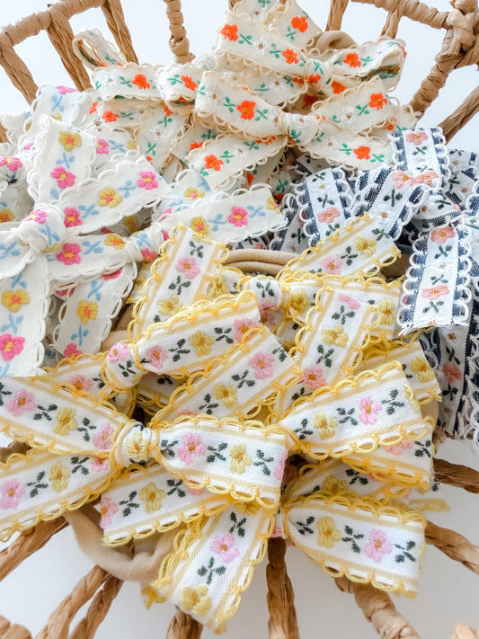 Vintage floral spring ribbon bows - floral bows - simple bows - neutral bows - trendy bows - dainty bows - newborn bows - baby girl bows